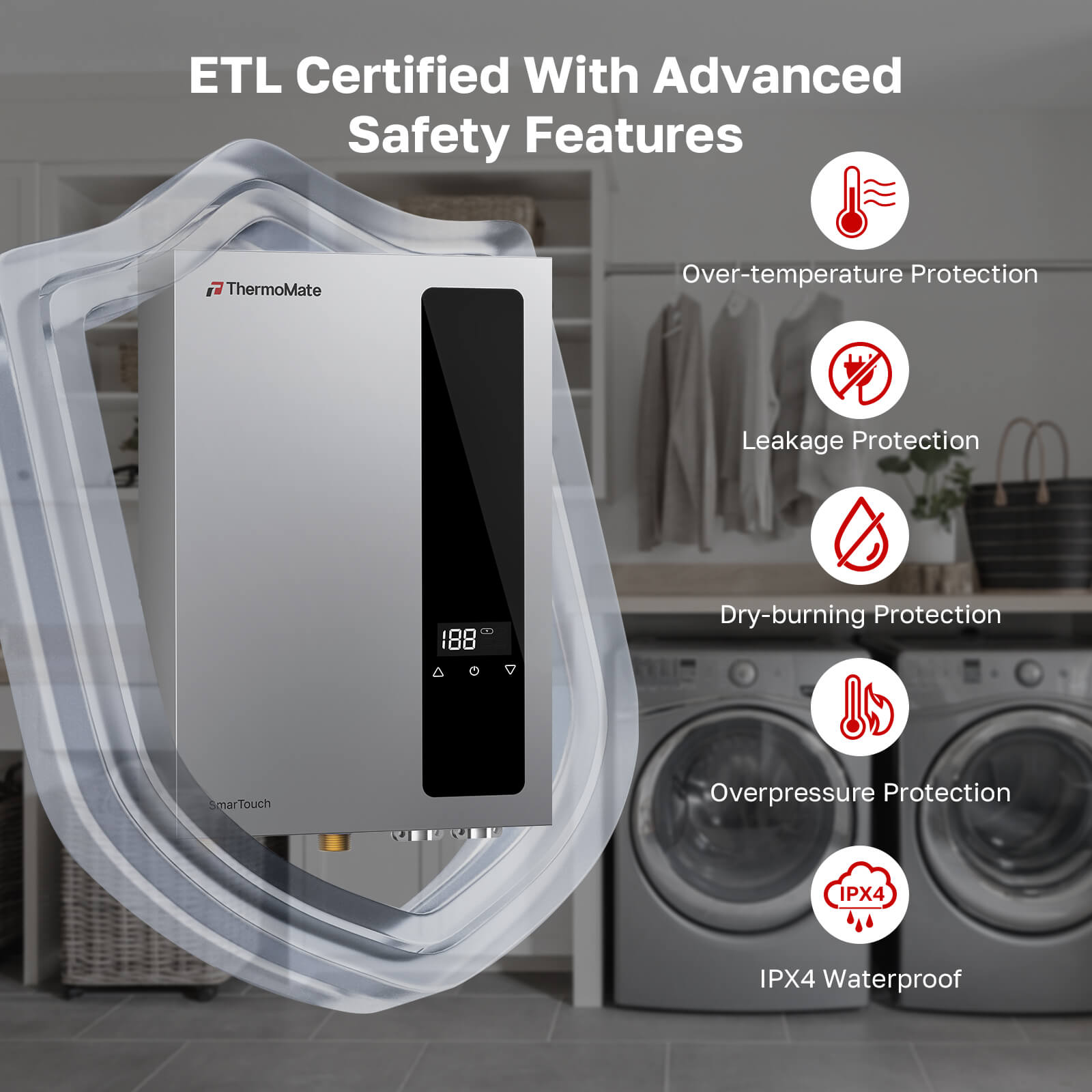 ThermoMate tankless water heater with ETL listed safety protections including over-temperature, leakage, dry-heating, overpressure and IPX4 water resistance.