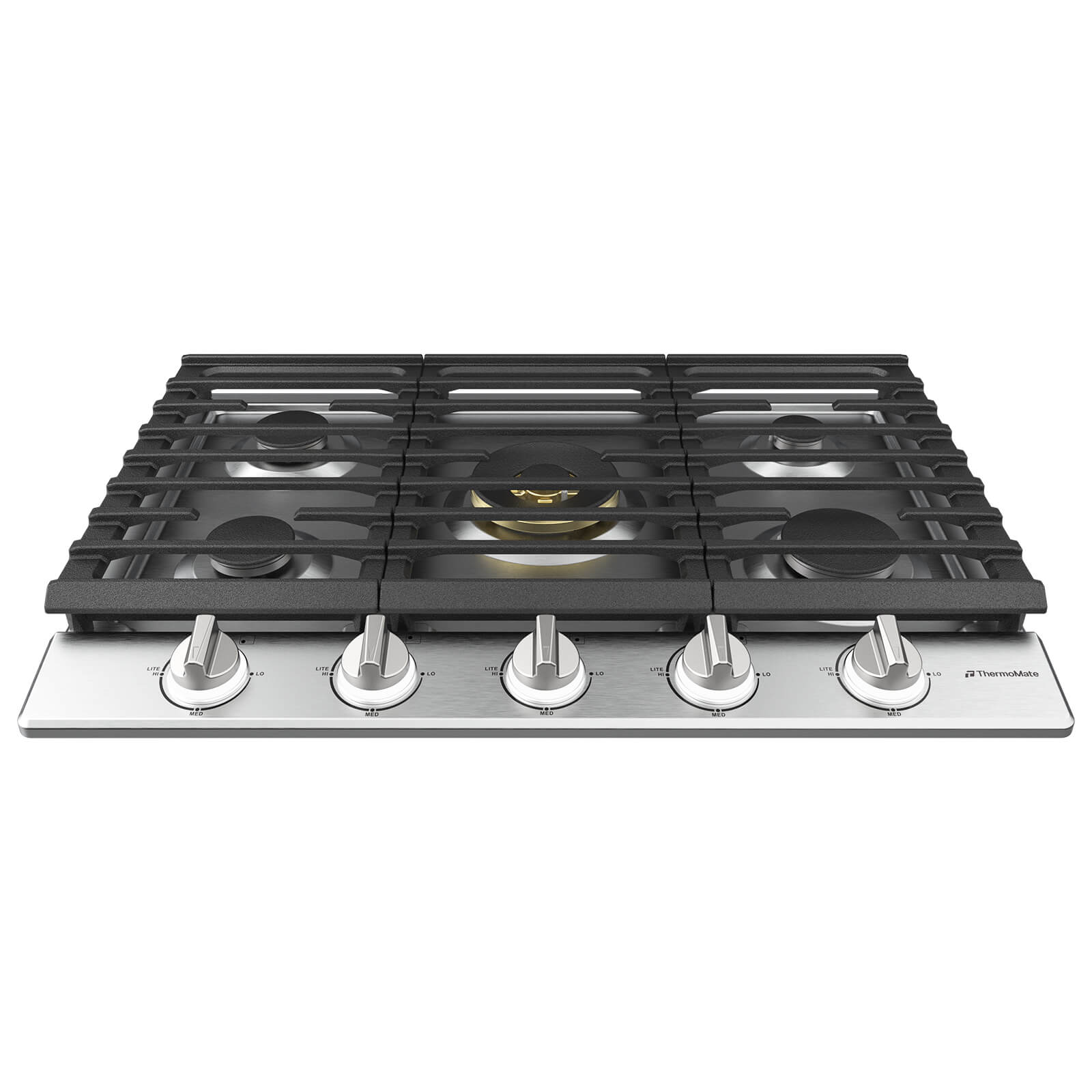 Front view of ThermoMate 30 inch 5 burner gas cooktop with stainless steel surface and cast iron grates