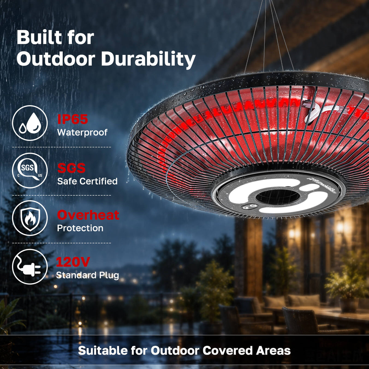 IP65 waterproof outdoor hanging patio heater with overheat protection and 120V standard plug