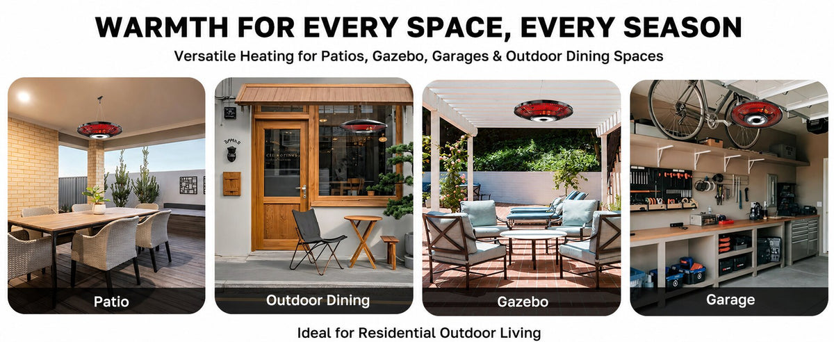 Infrared hanging patio heater for patios, outdoor dining areas, gazebos and garages