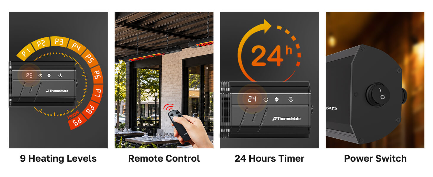 Infrared patio heater controls with 9 heat levels, remote control, 24-hour timer and power switch