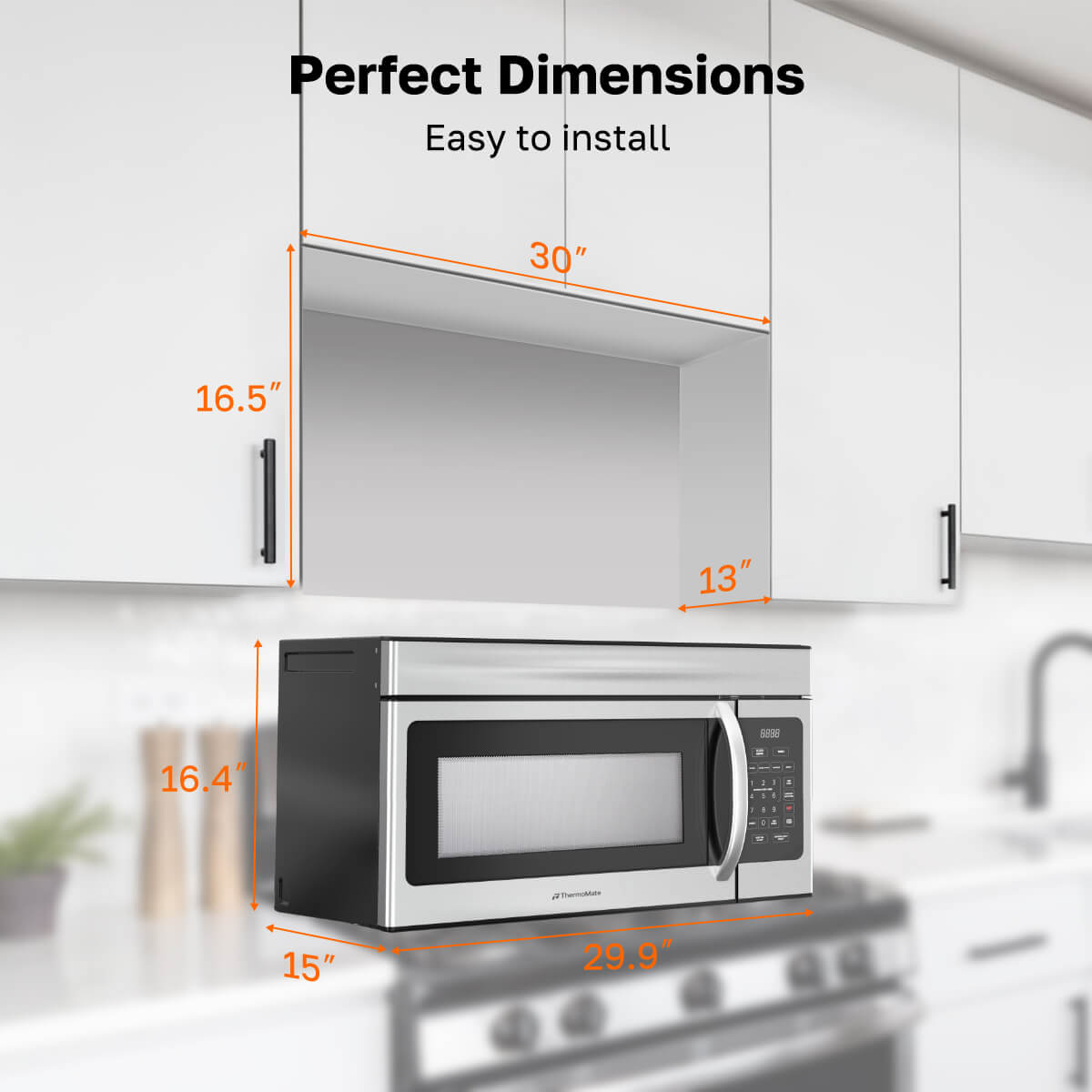 Measurement chart of a microwave oven with dimensions overlaid on a kitchen setting.