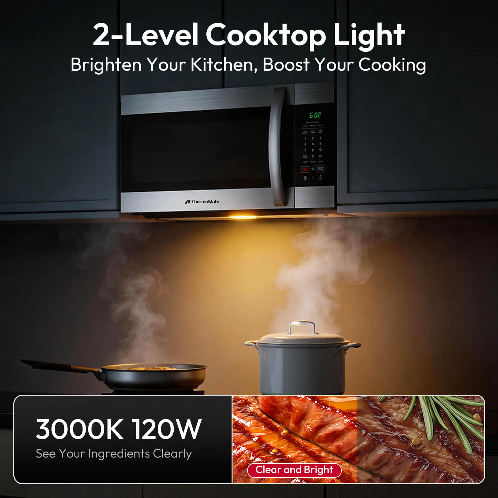 ThermoMate stainless steel 30-inch over-the-range microwave oven with black glass door, handle and touch control panel