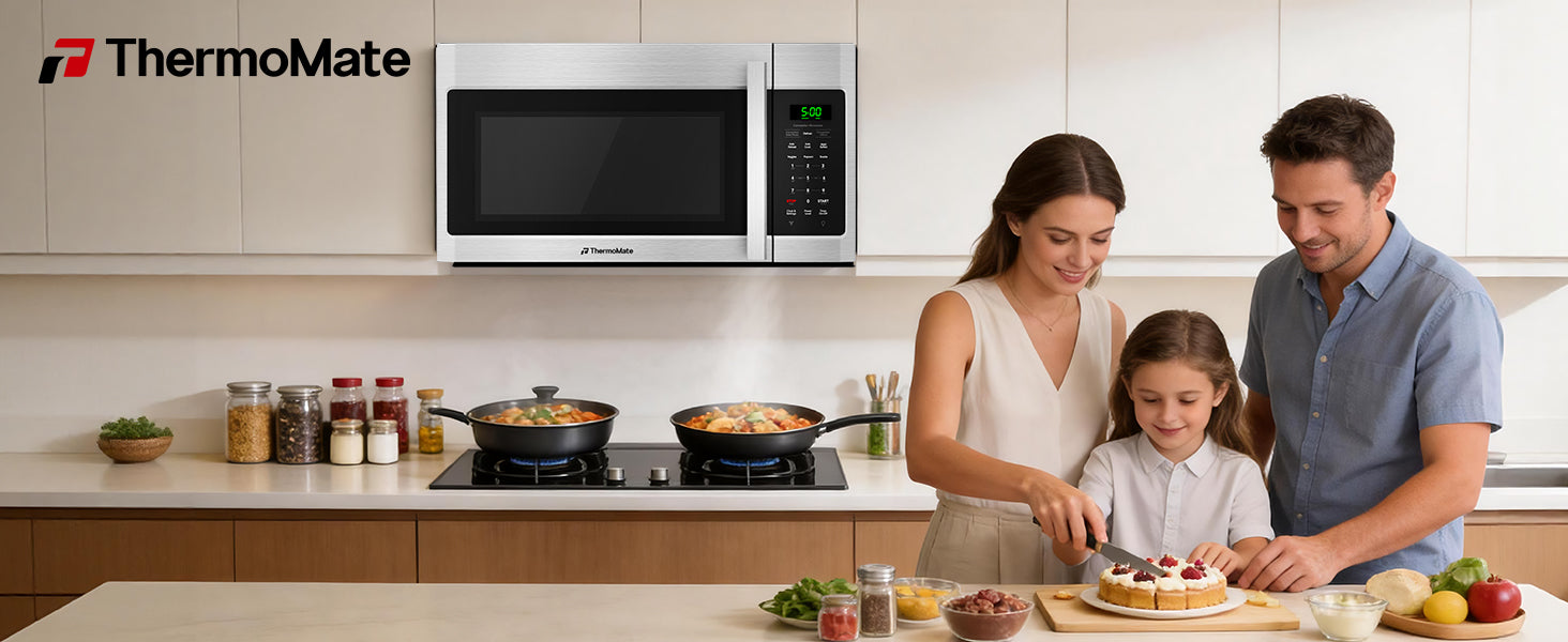 ThermoMate 30-inch stainless steel over-the-range convection microwave installed above a cooktop in a modern family kitchen