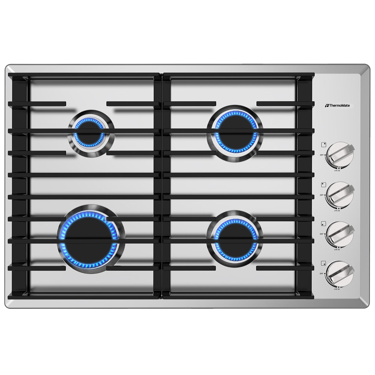 ThermoMate 30-inch 4-burner gas cooktop with Italian SABAF burners and stainless steel surface
