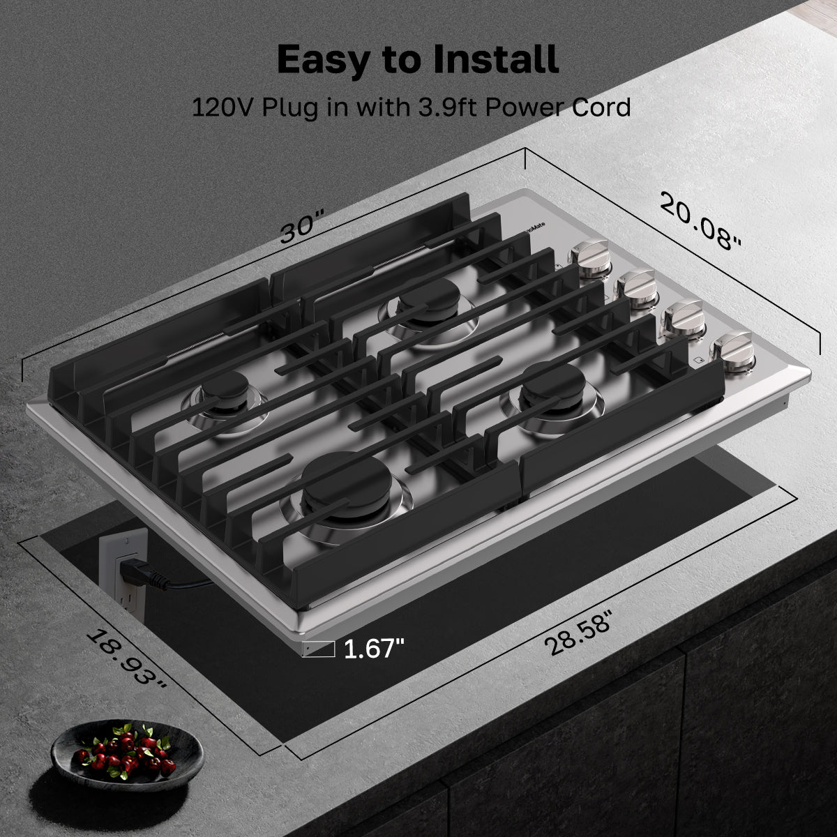 ThermoMate 30-inch built-in gas cooktop dimensions with 28.58 by 18.93 inch countertop cutout