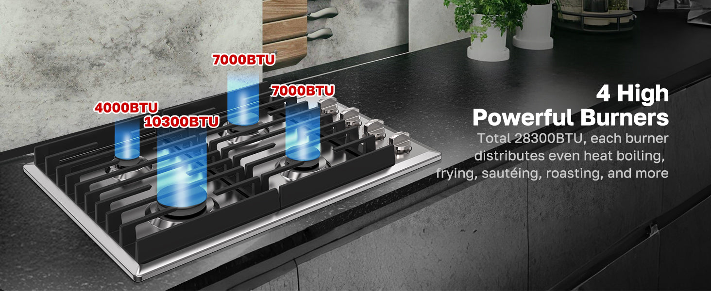 ThermoMate 30-inch gas cooktop with four SABAF burners delivering a total output of 28,300 BTU