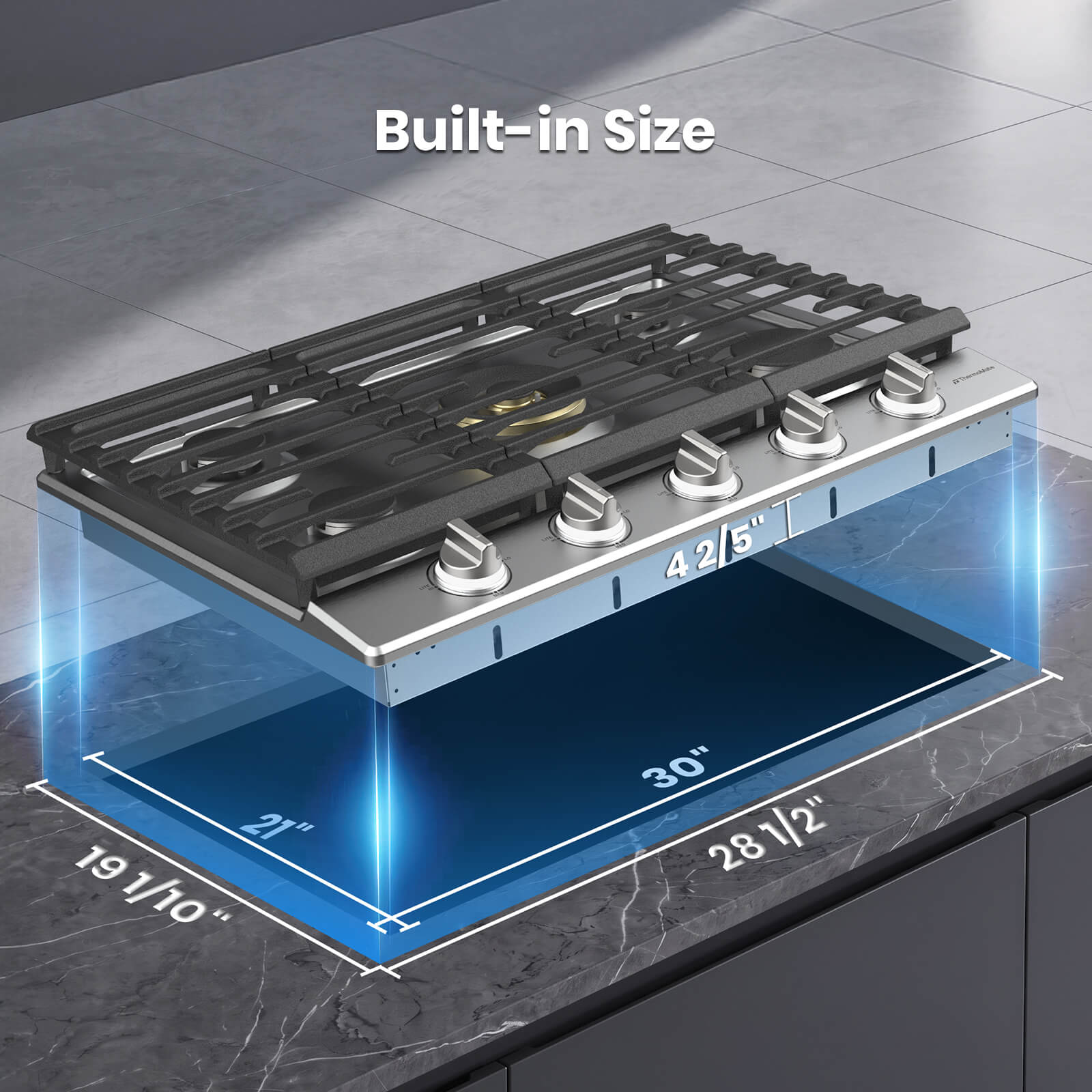 ThermoMate 30 inch built-in gas cooktop showing countertop cutout and installation dimensions
