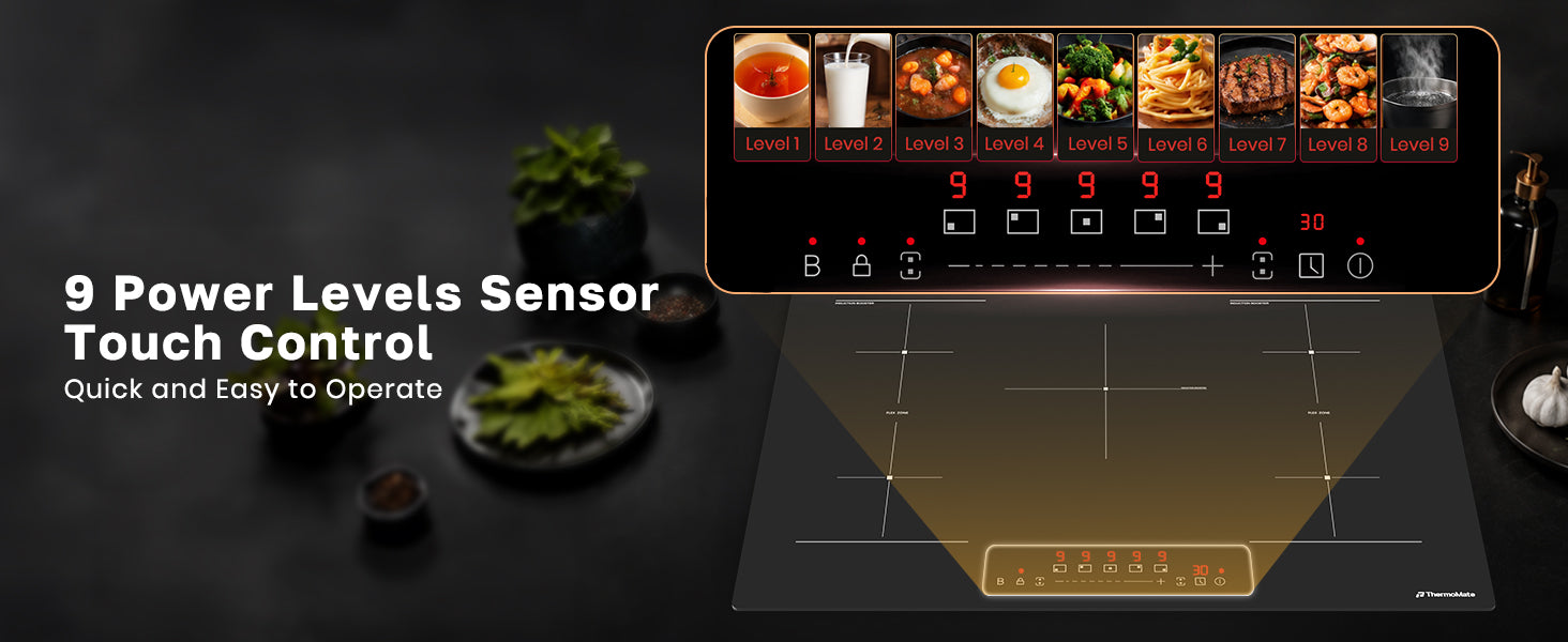 ThermoMate 5-burner induction cooktop with 9 power levels and sensor touch control for precise heat adjustment