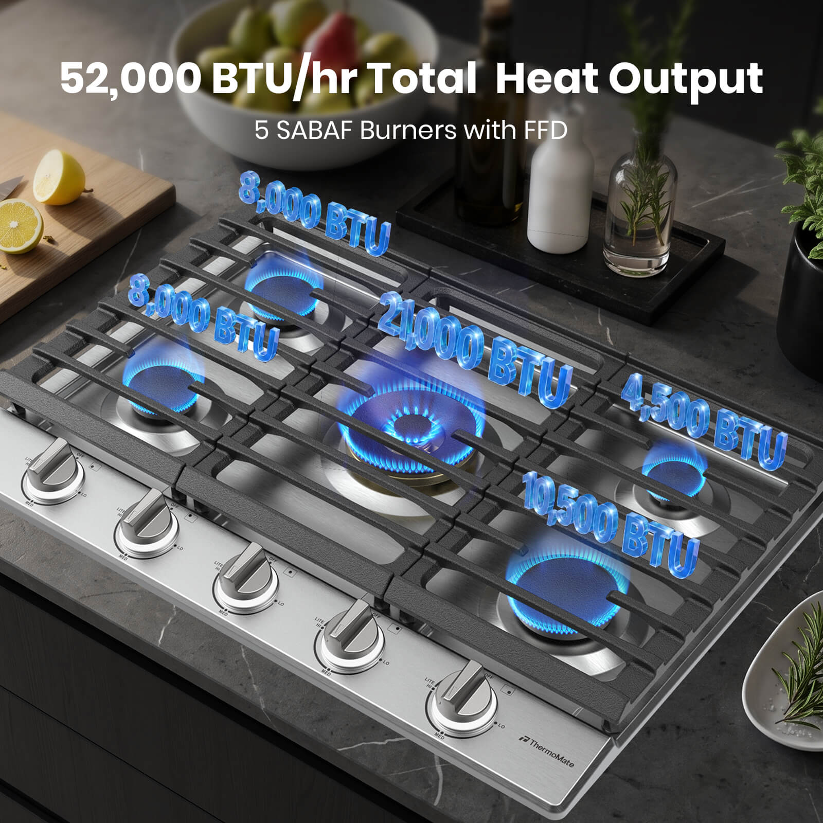 ThermoMate 5 SABAF burner gas cooktop with 52,000 BTU total heat output and 21,000 BTU center burner