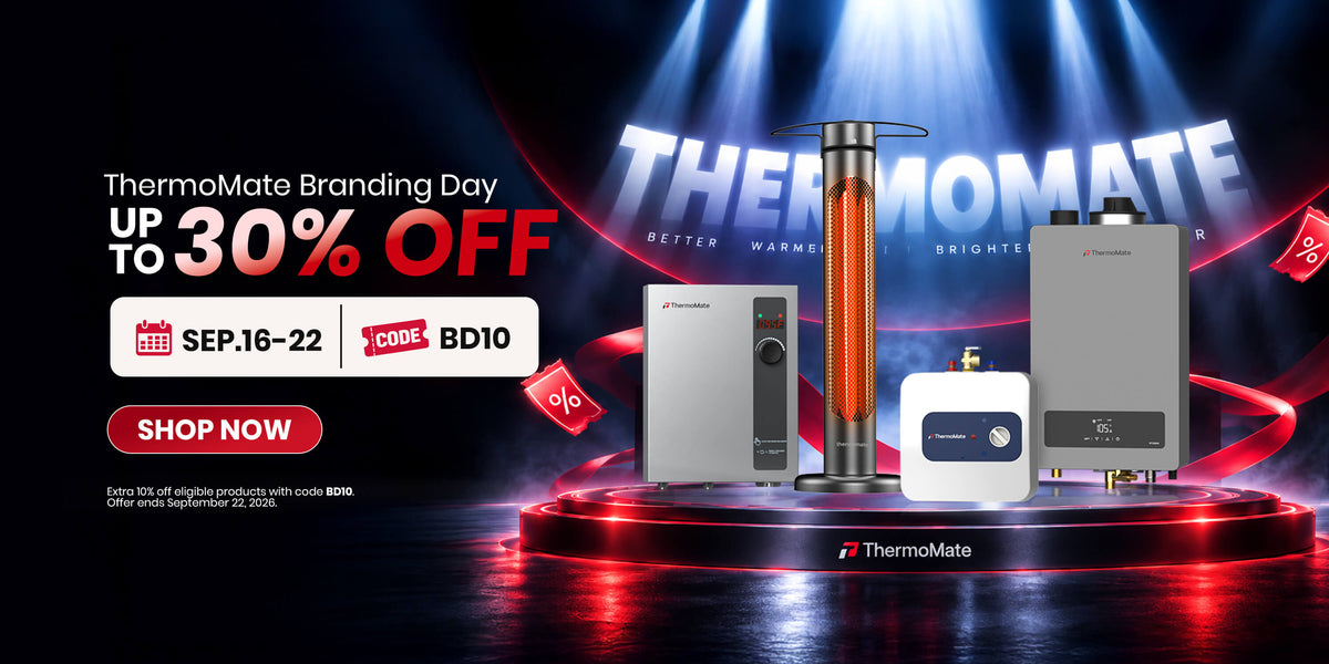 ThermoMate Branding Day sale featuring tankless water heaters, mini tank water heater and patio heater with up to 30% off.