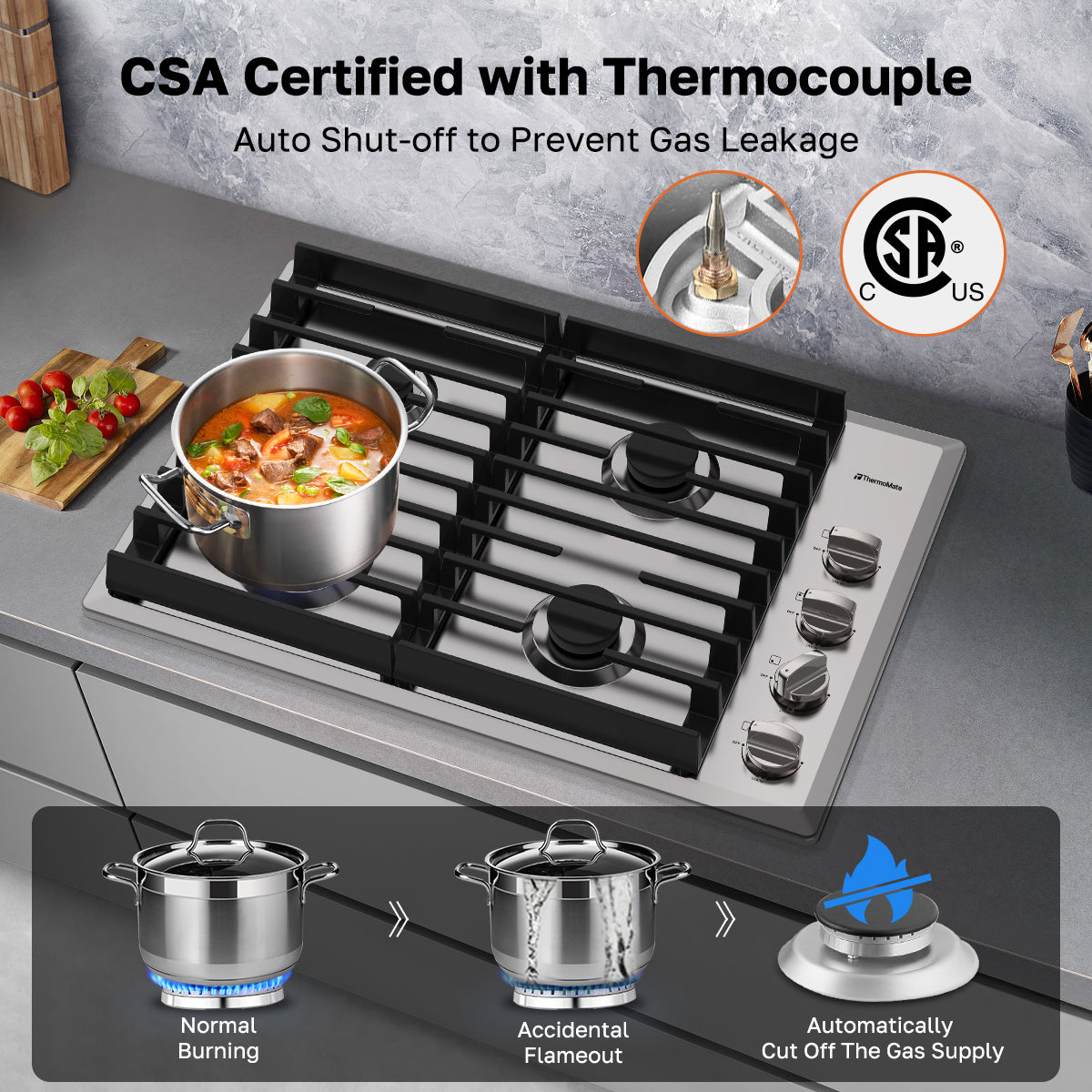 ThermoMate CSA certified gas cooktop with thermocouple flame failure protection and automatic gas shutoff