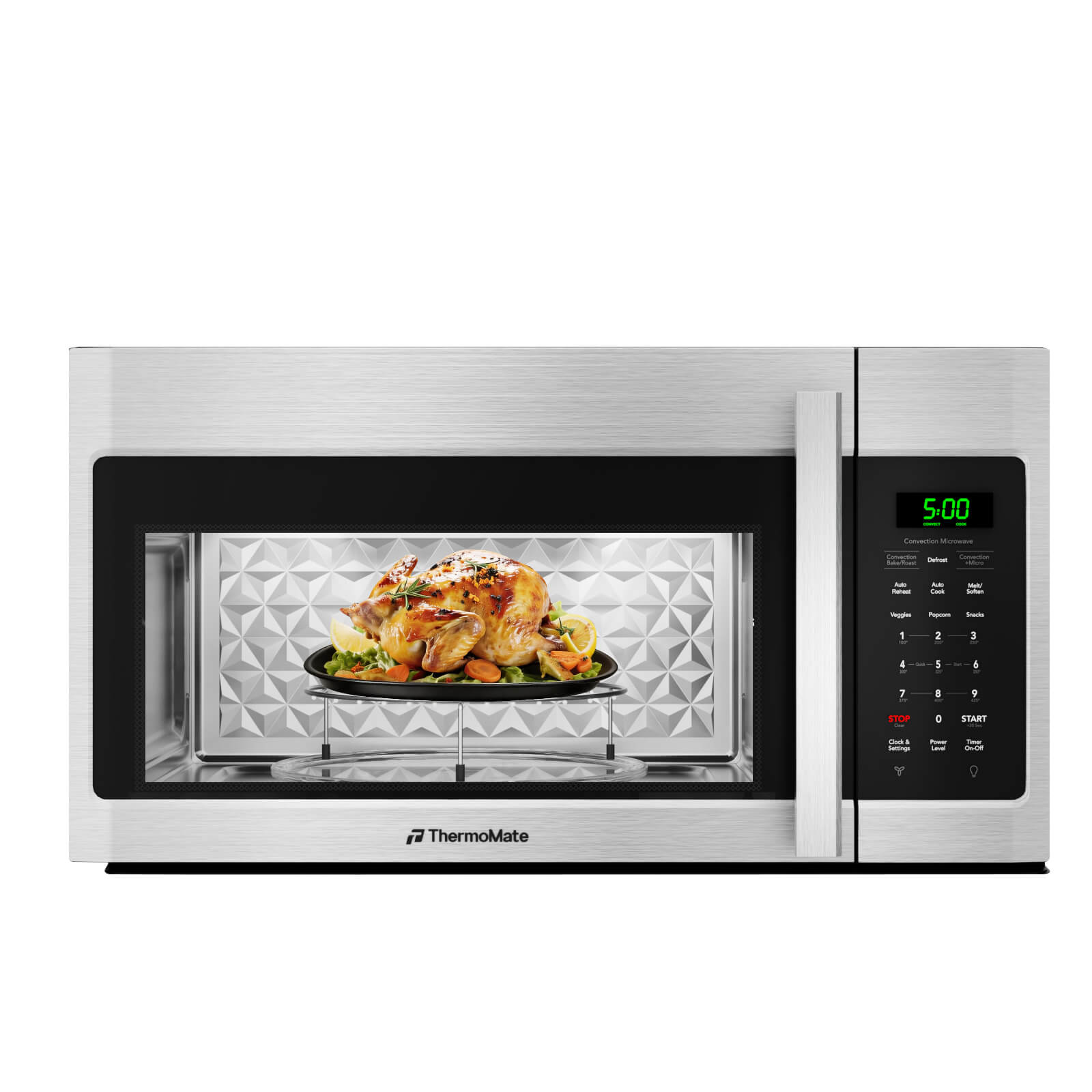 Roasted chicken cooking inside ThermoMate 30-inch over-the-range convection microwave oven with interior rack and turntable