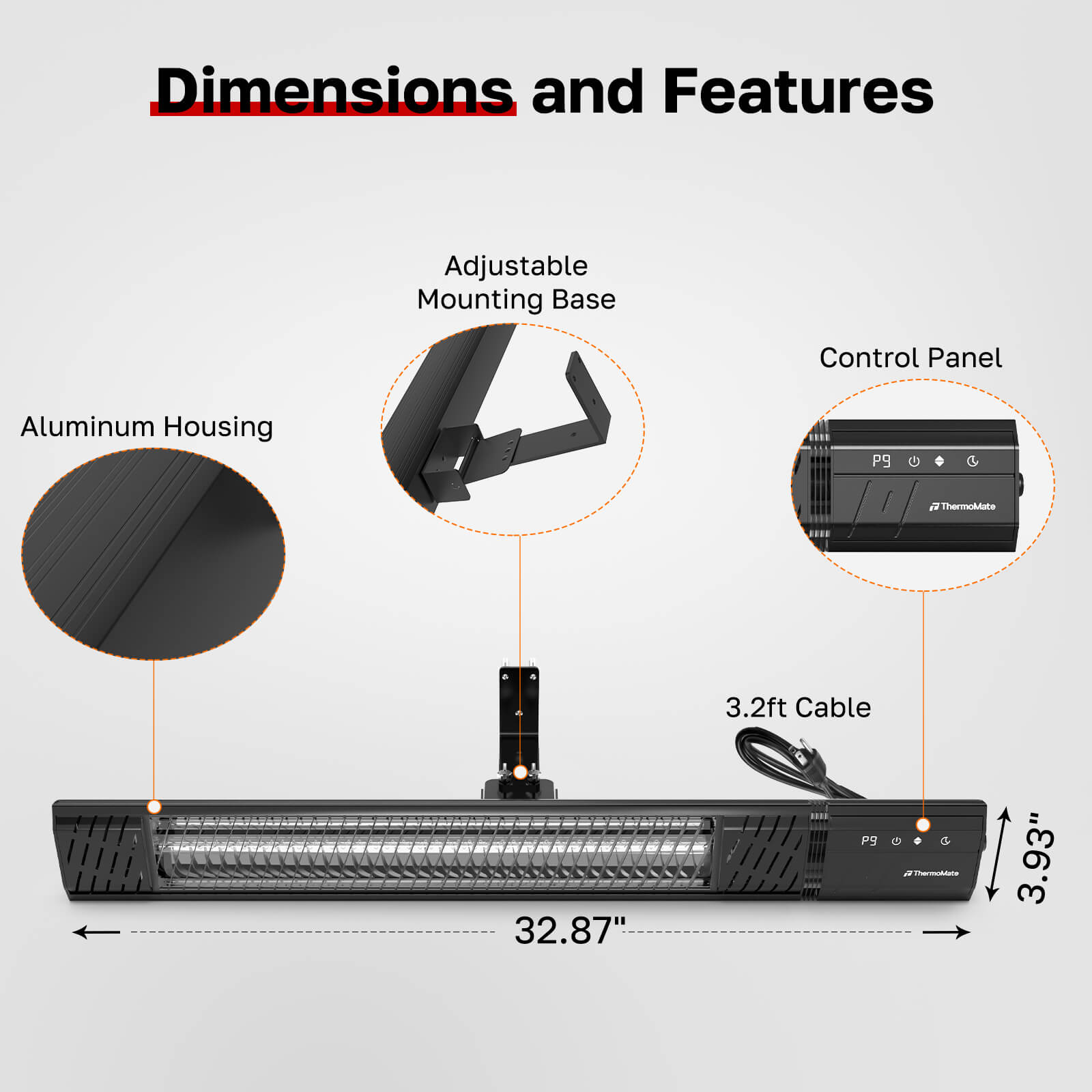 ThermoMate EIH1500GLB heater dimensions and features, including aluminum housing, adjustable mount, control panel, and 3.2-ft cord.