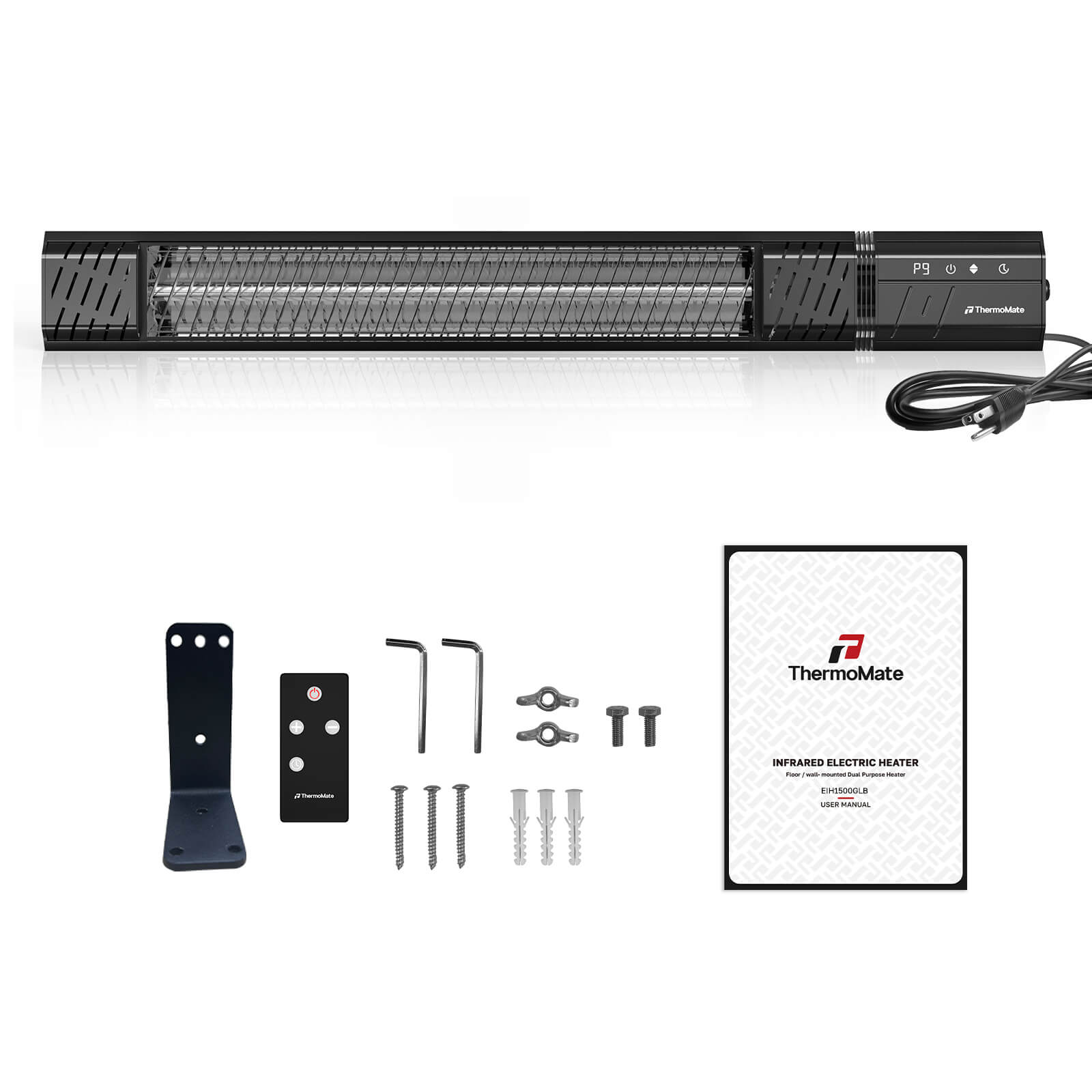 ThermoMate EIH1500GLB infrared patio heater with remote, wall-mount bracket, installation hardware, power cord, and user manual.