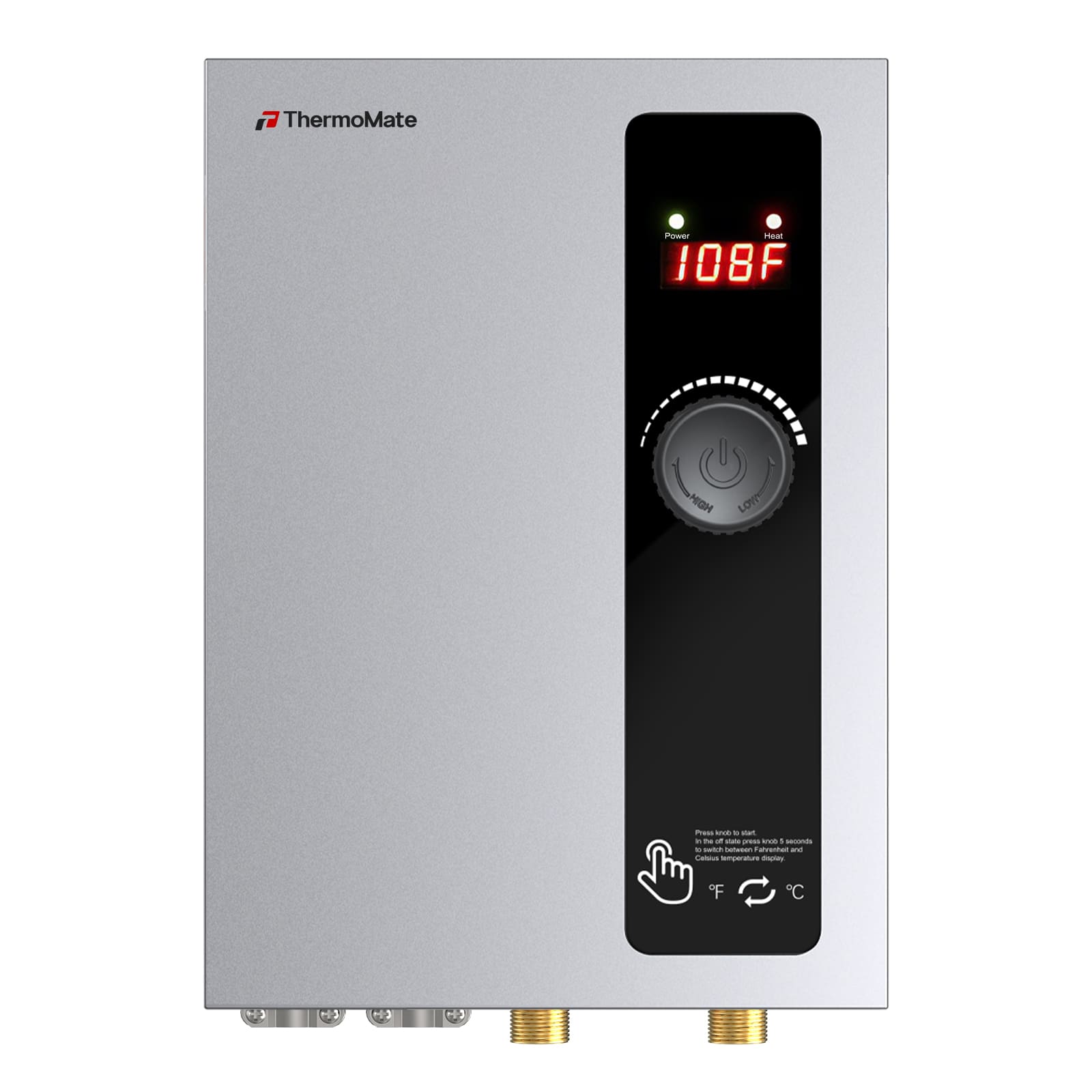 ThermoMate ET360 36kW electric tankless water heater front view with digital temperature display and compact wall-mounted design