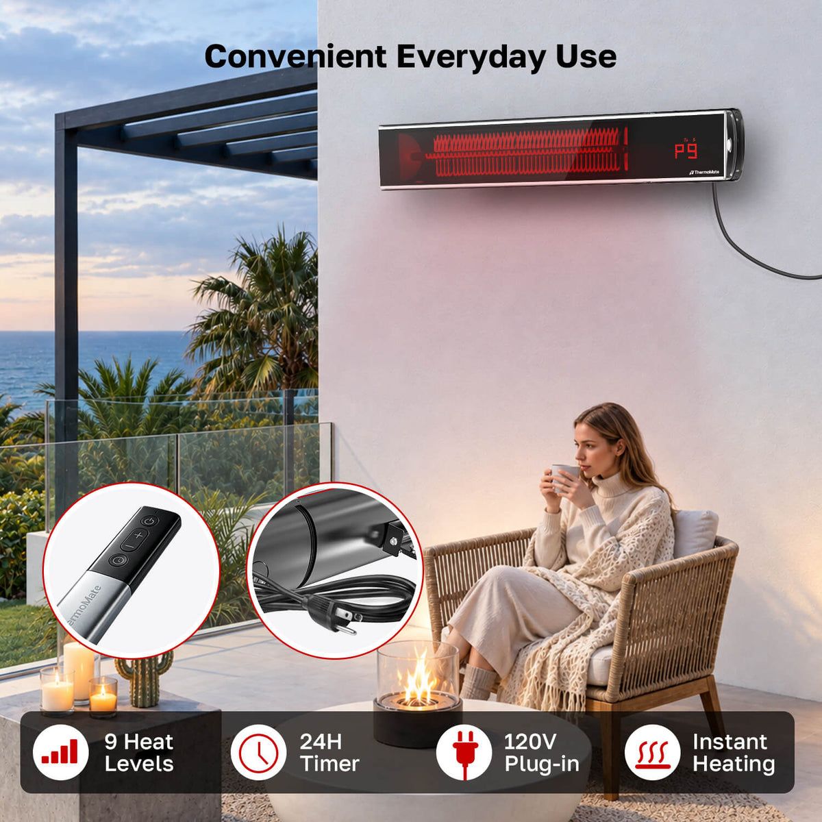 ThermoMate IP67 outdoor infrared patio heater with aluminum housing and overheat protection