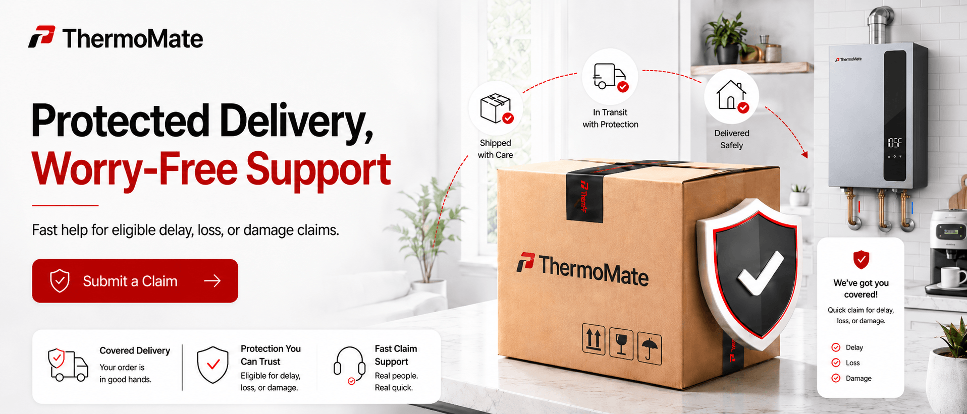 ThermoMate desktop banner showing 'Protected Delivery, Worry-Free Support' headline, red 'Submit a Claim' button, shipping box with shield emblem, wall-mounted water heater with connected pipes, and delivery progress icons.