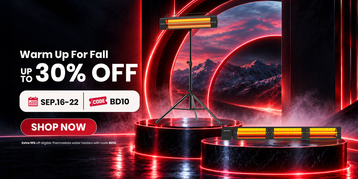 ThermoMate electric patio heaters featured in the Warm Up for Fall Branding Day promotion with up to 30% off.