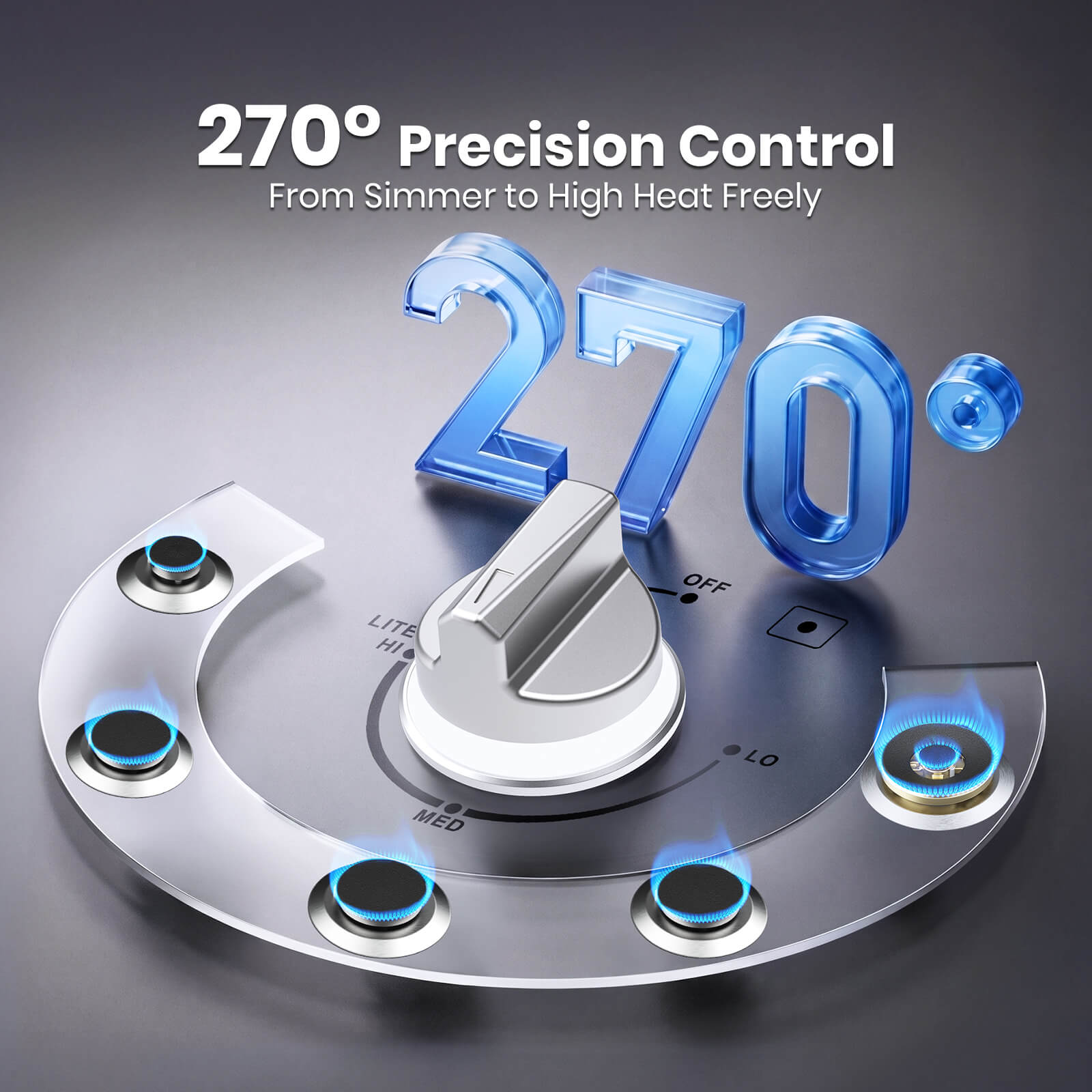 ThermoMate gas cooktop control knob with 270-degree flame adjustment from simmer to high heat