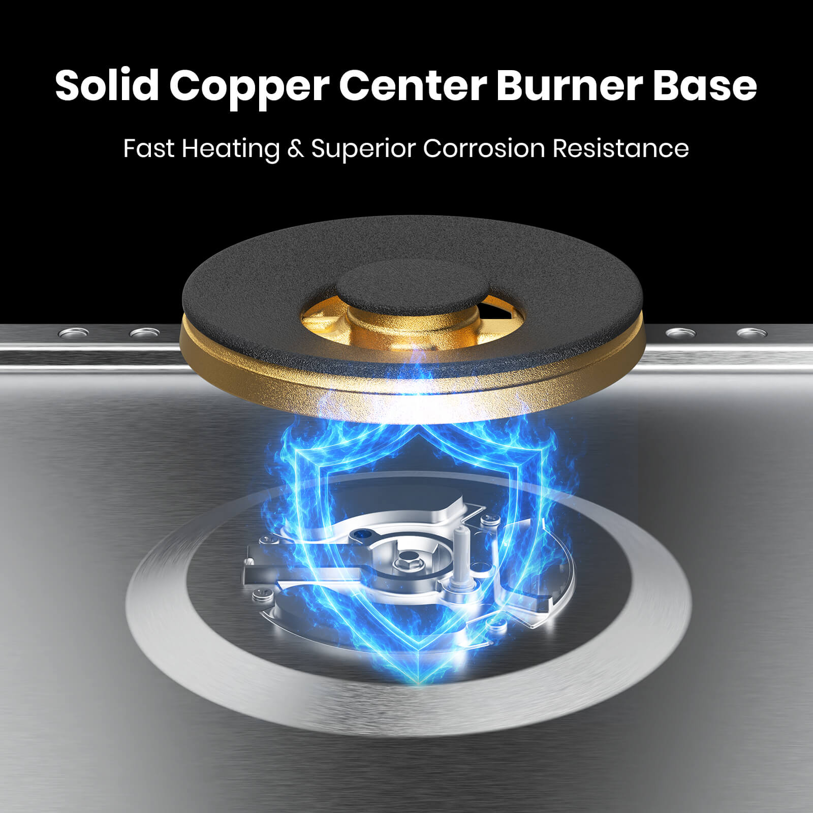 ThermoMate gas cooktop solid copper center burner base designed for fast heating and corrosion resistance