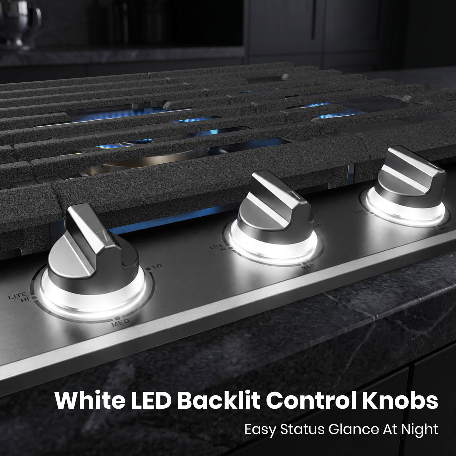 ThermoMate gas cooktop with white LED backlit control knobs for clear burner status visibility