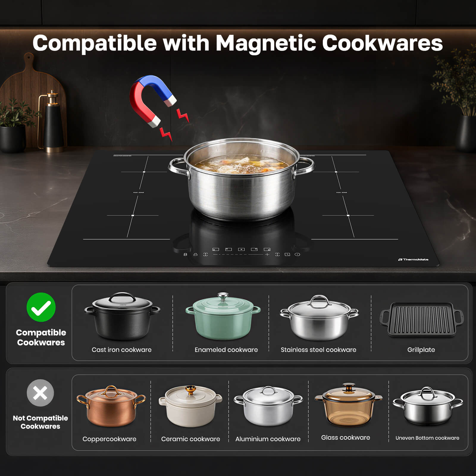 ThermoMate induction cooktop compatible with magnetic cookware including cast iron and stainless steel pots