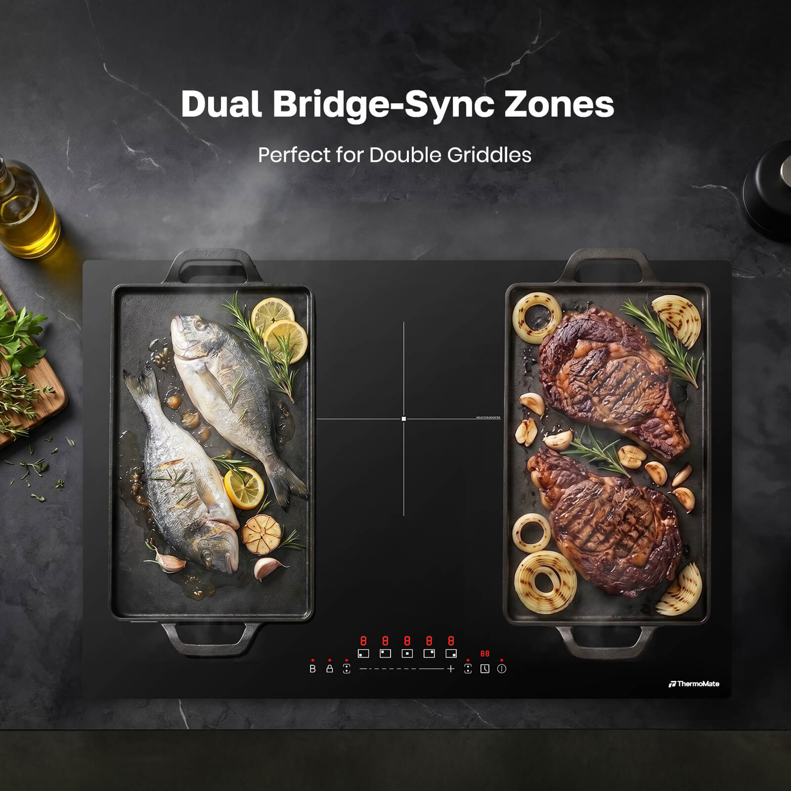ThermoMate induction cooktop with dual bridge-sync flex zones for griddles and oversized cookware