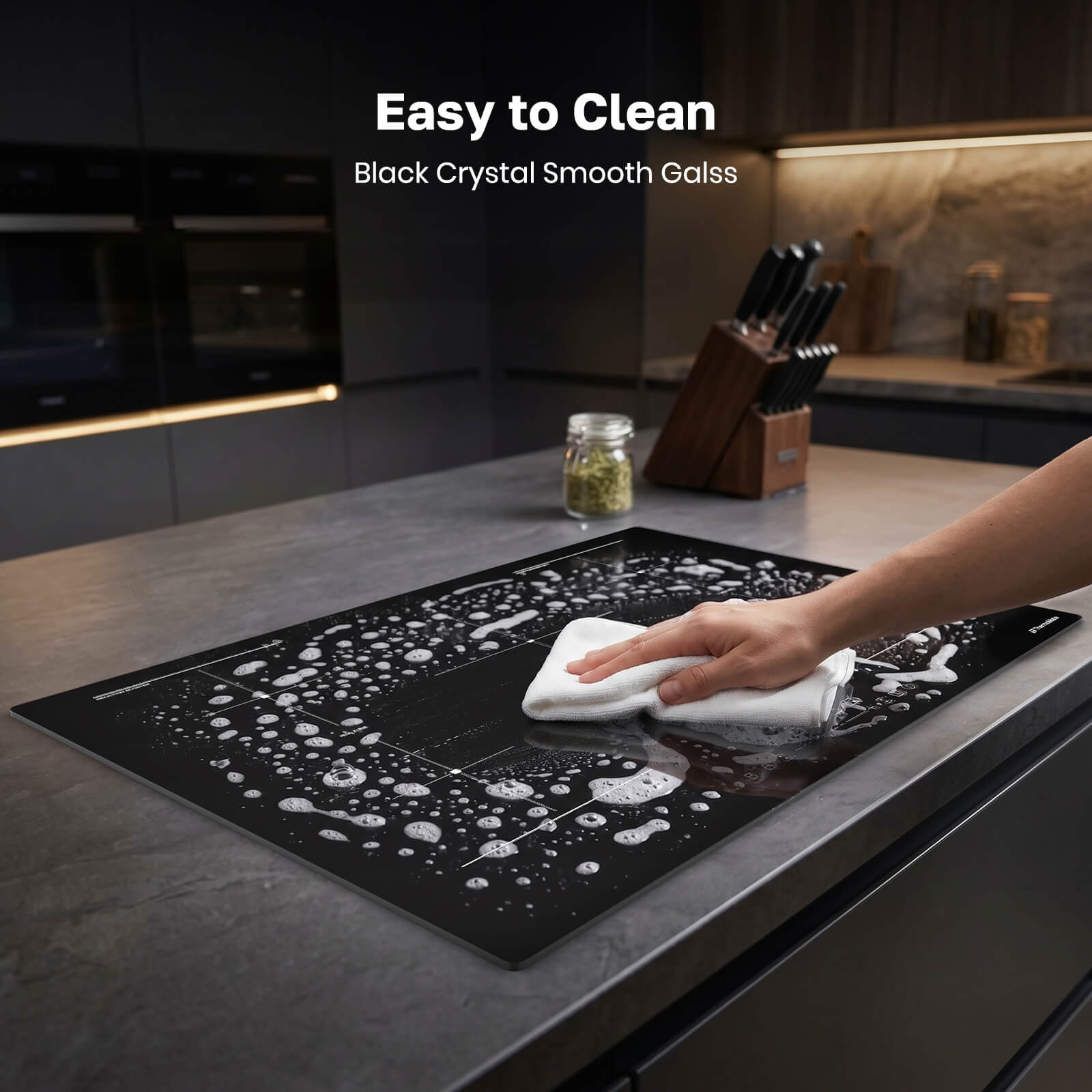 ThermoMate induction cooktop with smooth black crystal glass surface for quick and easy cleaning