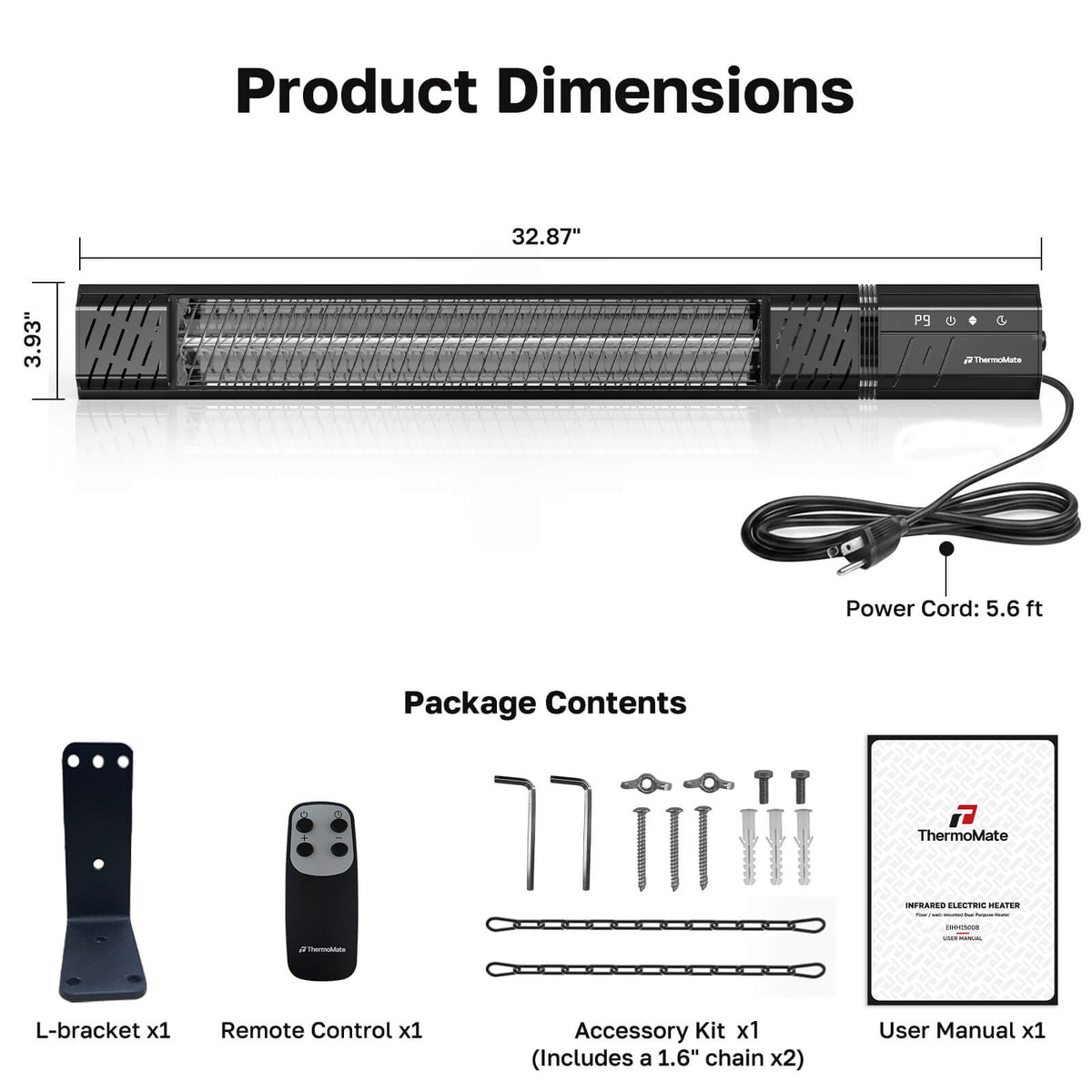 ThermoMate infrared patio heater dimensions, power cord, remote control and mounting accessories