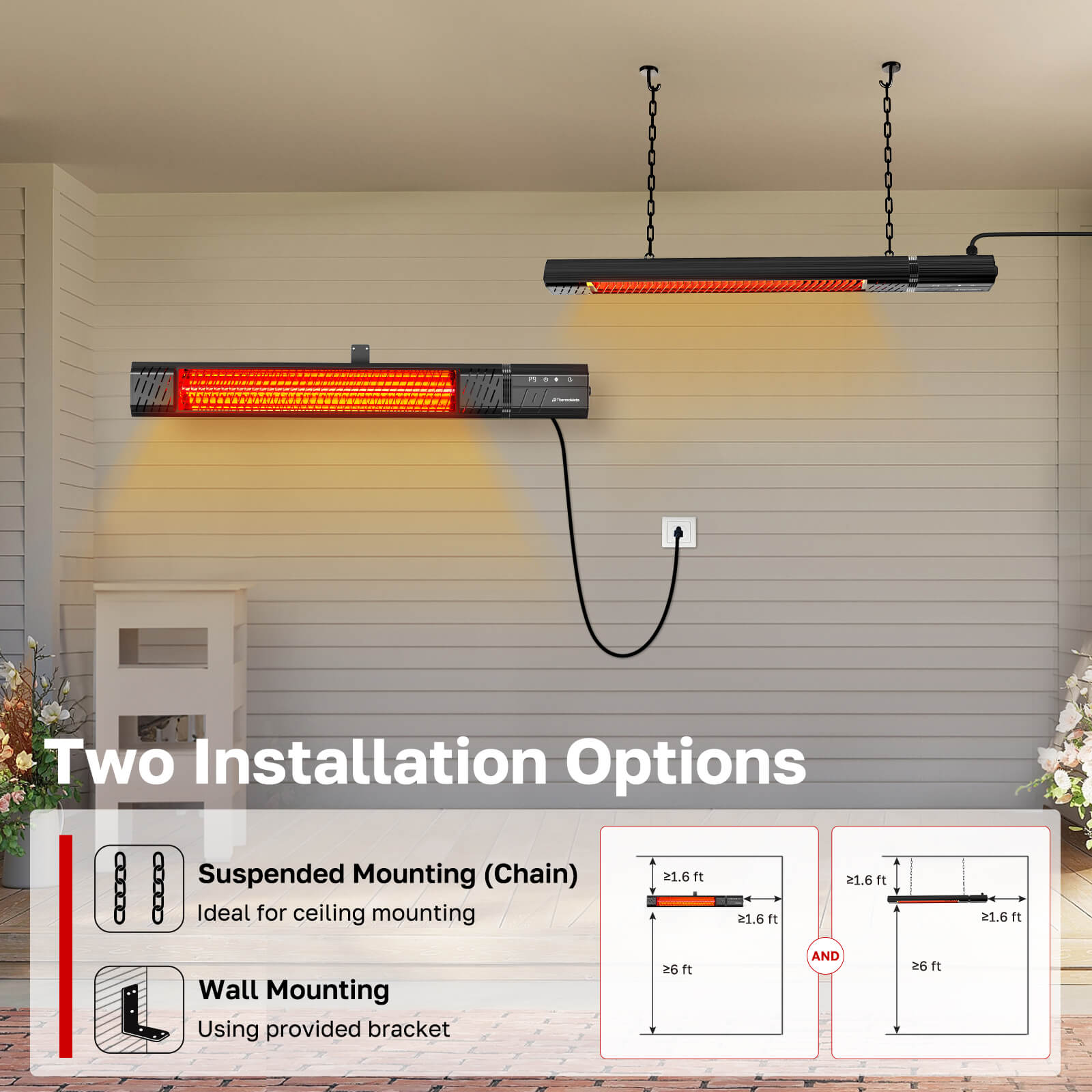 ThermoMate infrared patio heater with suspended ceiling and wall mounting installation options
