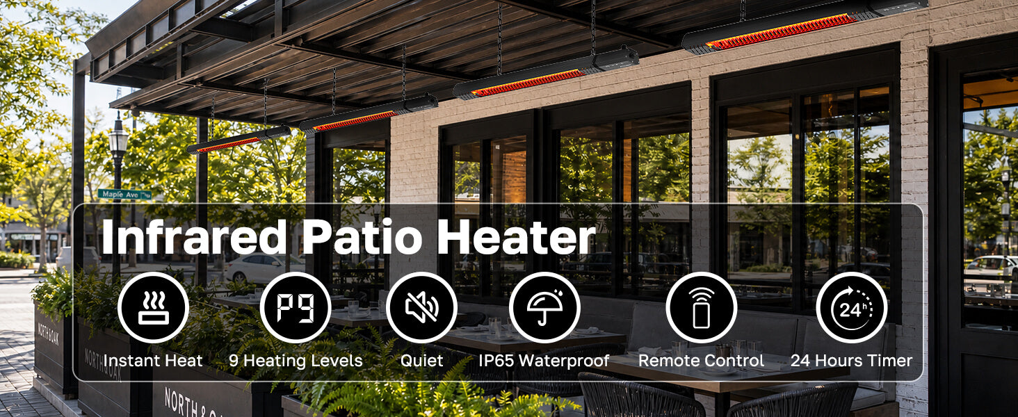 ThermoMate infrared patio heaters installed above an outdoor restaurant dining area