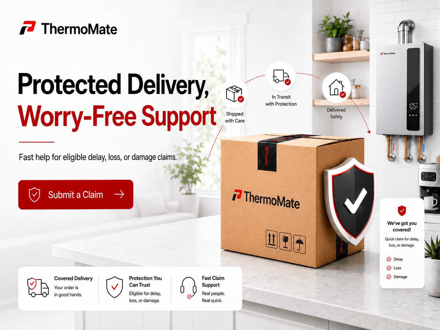 ThermoMate mobile banner with headline, red 'Submit a Claim' button, package with shield icon, wall-mounted water heater with vent and pipes, and delivery stage icons.