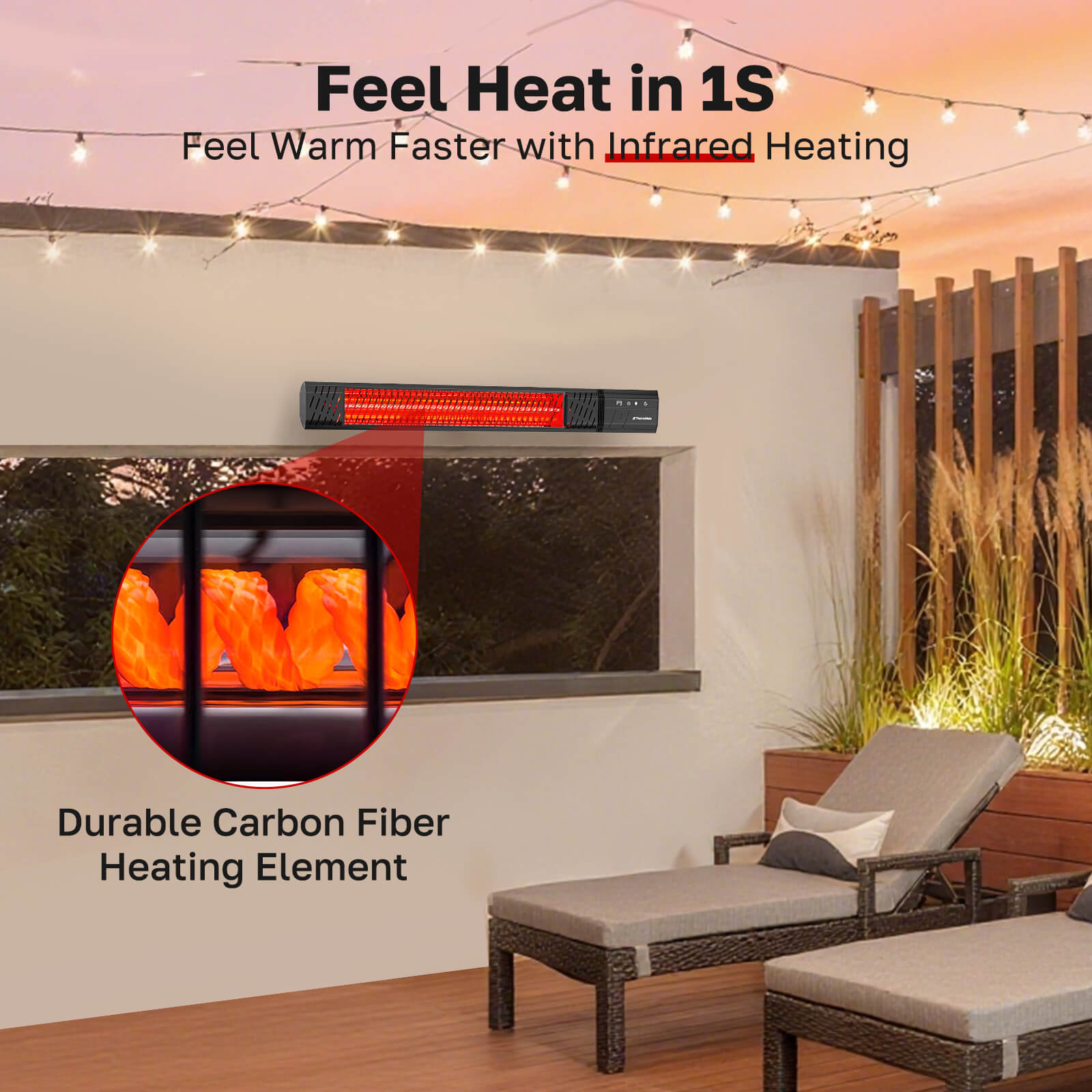 ThermoMate outdoor infrared patio heater delivering rapid warmth from a durable carbon fiber heating element above a patio lounge.