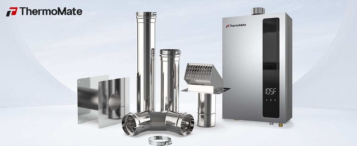 ThermoMate stainless steel vent pipe kit with elbows, straight pipes, wall plates and vent cap for gas tankless water heater