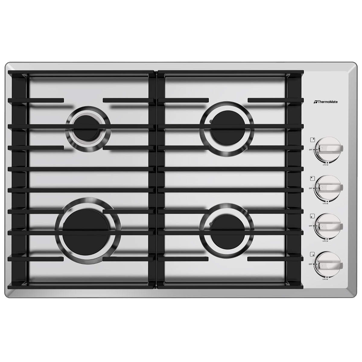 Top view of ThermoMate 30-inch built-in gas cooktop with four burners and cast iron grates