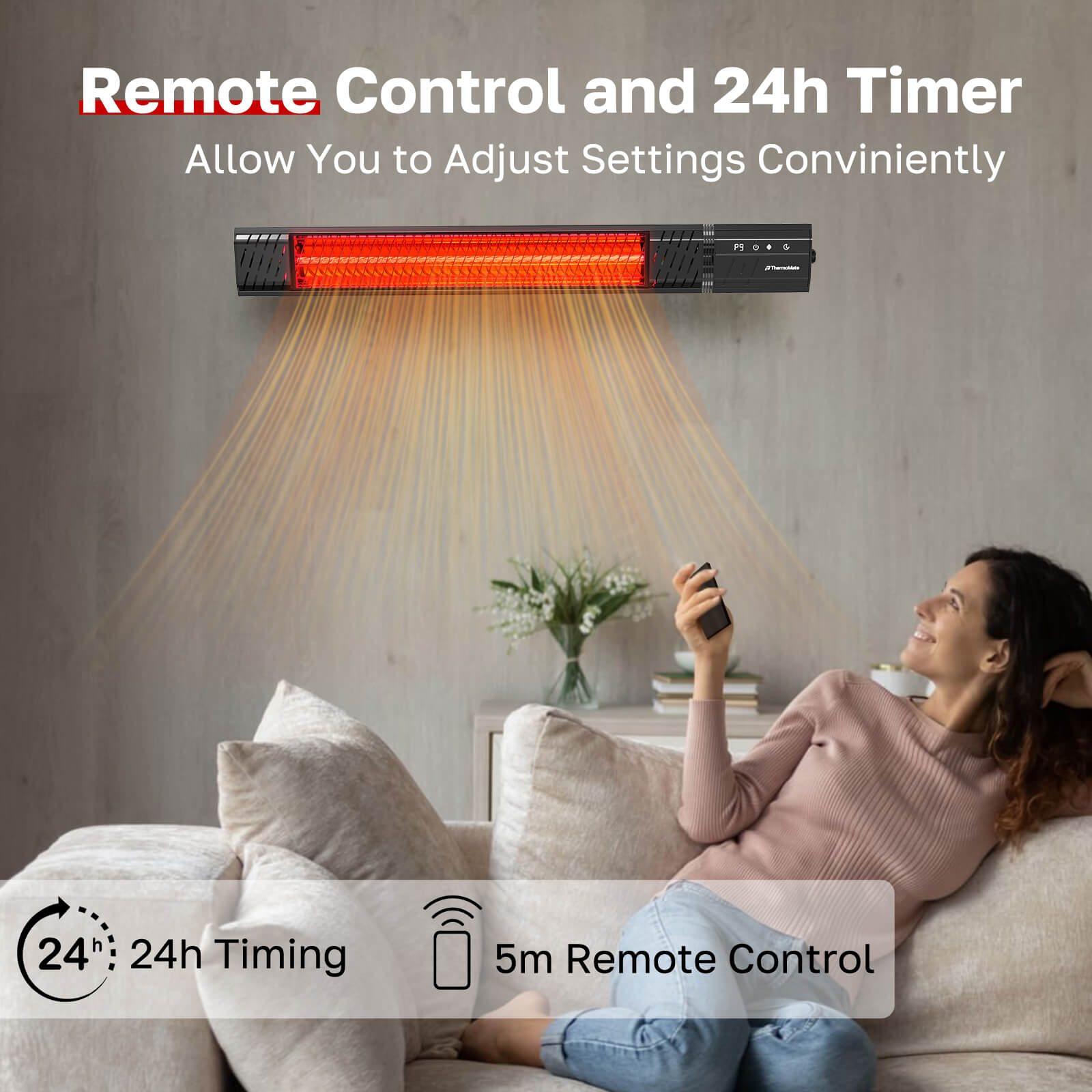 Woman using a remote to control a wall-mounted ThermoMate infrared patio heater with a 24-hour timer from up to 5 meters away.