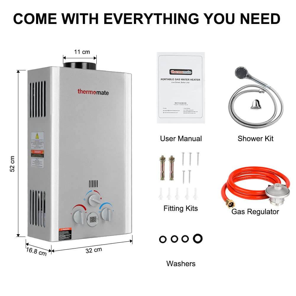 Gas Water Heater, Thermomate 8L Tankless Propane Water Heater, Portable Instant Gas Boiler, Use for Outdoor Showers, Washing Horses, Camping, RV [Energy Class A]  manual