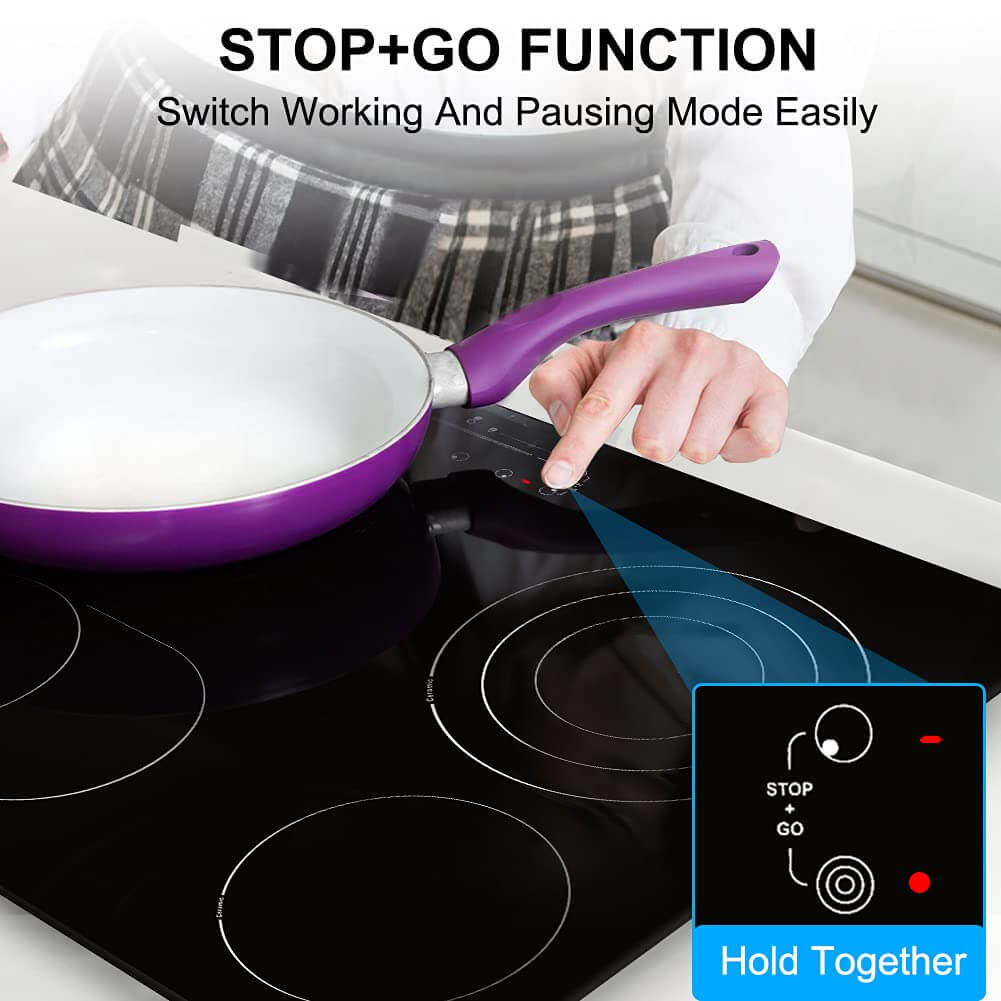 Ceramic Hob, thermomate 60cm Built-in Radiant Electric Cooktop with Stop & Go Function, 6700W Electric Hob with 4 Zones, 9 Heating Level, Timer & Kid Safety Lock, Sensor Touch Control