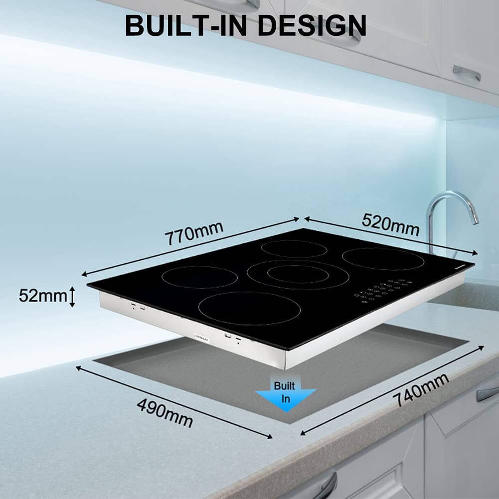 Ceramic Hob, thermomate 77cm Built-in Radiant Electric Cooktop, 8200W Electric Hob with 5 Zones, 9 Heating Level, Timer & Kid Safety Lock, Sensor Touch Control