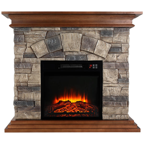 Stone Electric Fireplace, thermomate 40 Inch Stone Mantel Package with 18 Inch Electric Fireplace Built in, Modern Rock Face Electric Fireplace with Thermostat and Realistic Log Set, Brown