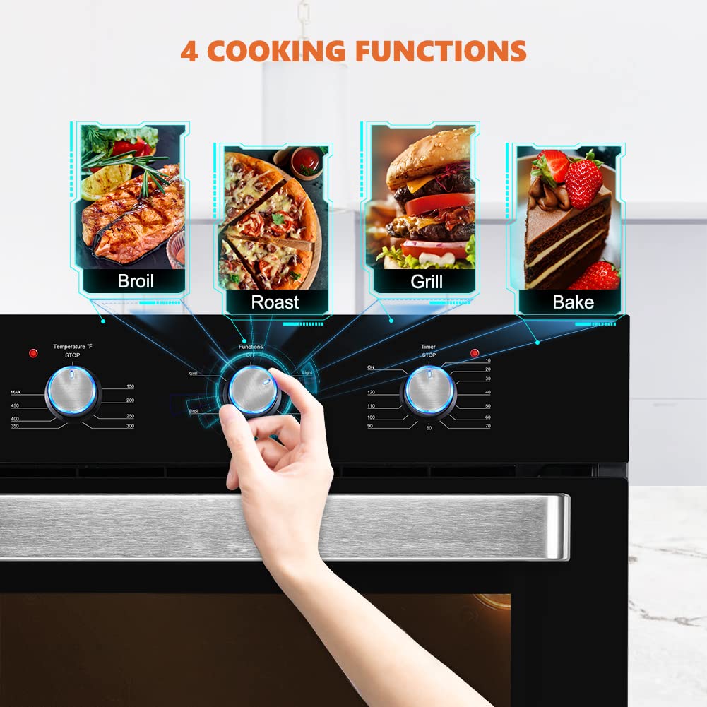 24 Inch Electric Wall Oven, 5 Cooking Functions Black Glass - 4 Cooking Functions