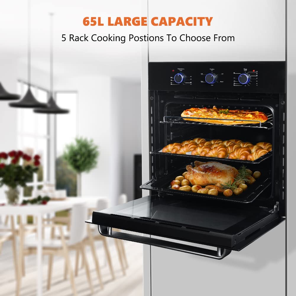Single Wall Oven, thermomate 24 Inch Electric Wall Oven with 5 Cooking  Functions, 2000W Built-in Ovens with Mechanical Knobs Control, Black  Tempered
