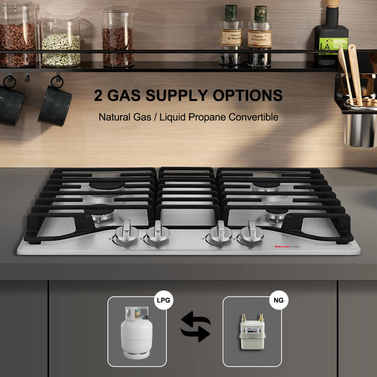 30 Inch Gas Stove Cooktop, thermomate Built InGas Rangetop with 4 High Efficiency SABAF Burners, NG/LPG Convertible 304 Stainless Steel Gas Hob with Flame Out Protection