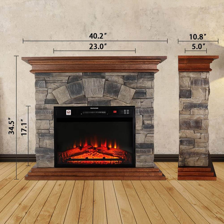 Stone Electric Fireplace, thermomate 40 Inch Stone Mantel Package with 23 Inch Electric Fireplace Built in, Modern Rock Face Electric Fireplace with Thermostat and Realistic Log Set, Brown