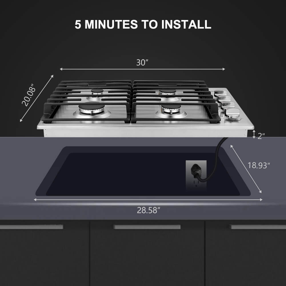 30 Inch Gas Cooktop, thermomate Built In Gas Rangetop with 4 High Efficiency SABAF Burners, NG/LPG Convertible 304 Stainless Steel Gas Stove Top with Flame Out Protection