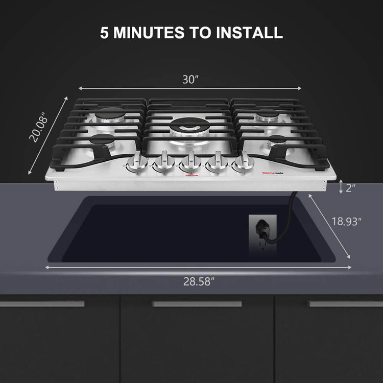 30 Inch Built In Gas Cooktop, thermomate Gas Range top with 5 High Efficiency SABAF Burners, 304 Stainless Steel Gas Stove with Flame Out Protection, NG/LPG Convertible