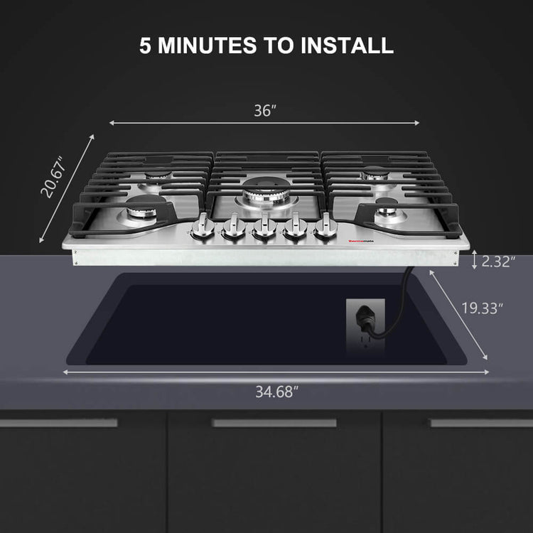 36 Inch Built In Gas Cooktop, thermomate Gas Range top with 5 High Efficiency SABAF Burners, 304 Stainless Steel Gas Hob with Flame Out Protection, NG/LPG Convertible