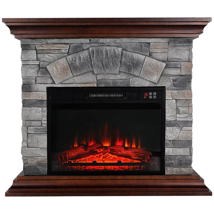 Stone Electric Fireplace, thermomate 40 Inch Stone Mantel Package with 23 Inch Electric Fireplace Built in, Grey Modern Rock Face Electric Fireplace with Thermostat and Realistic Log Set