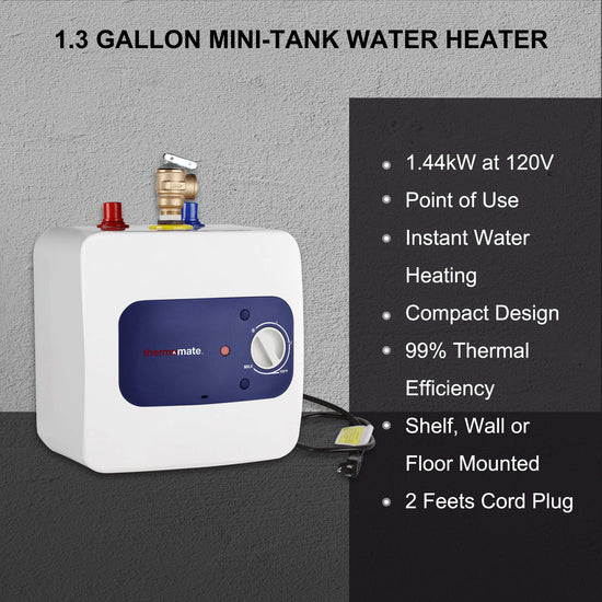 thermomate Mini Tank Electric Water Heater ES150 1.3 Gallons Point of Use Water Heater for Instant Hot Water Under Kitchen Sink 120V 1440W